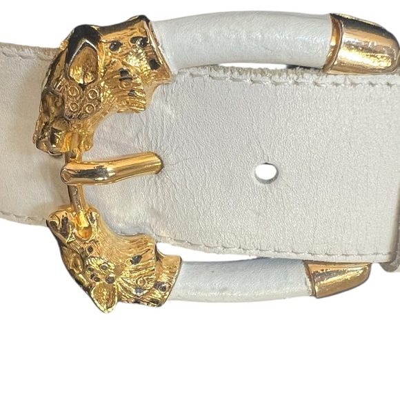 Gail LaBelle made in France White Leather Belt medium gold leopard buckle main image 6
